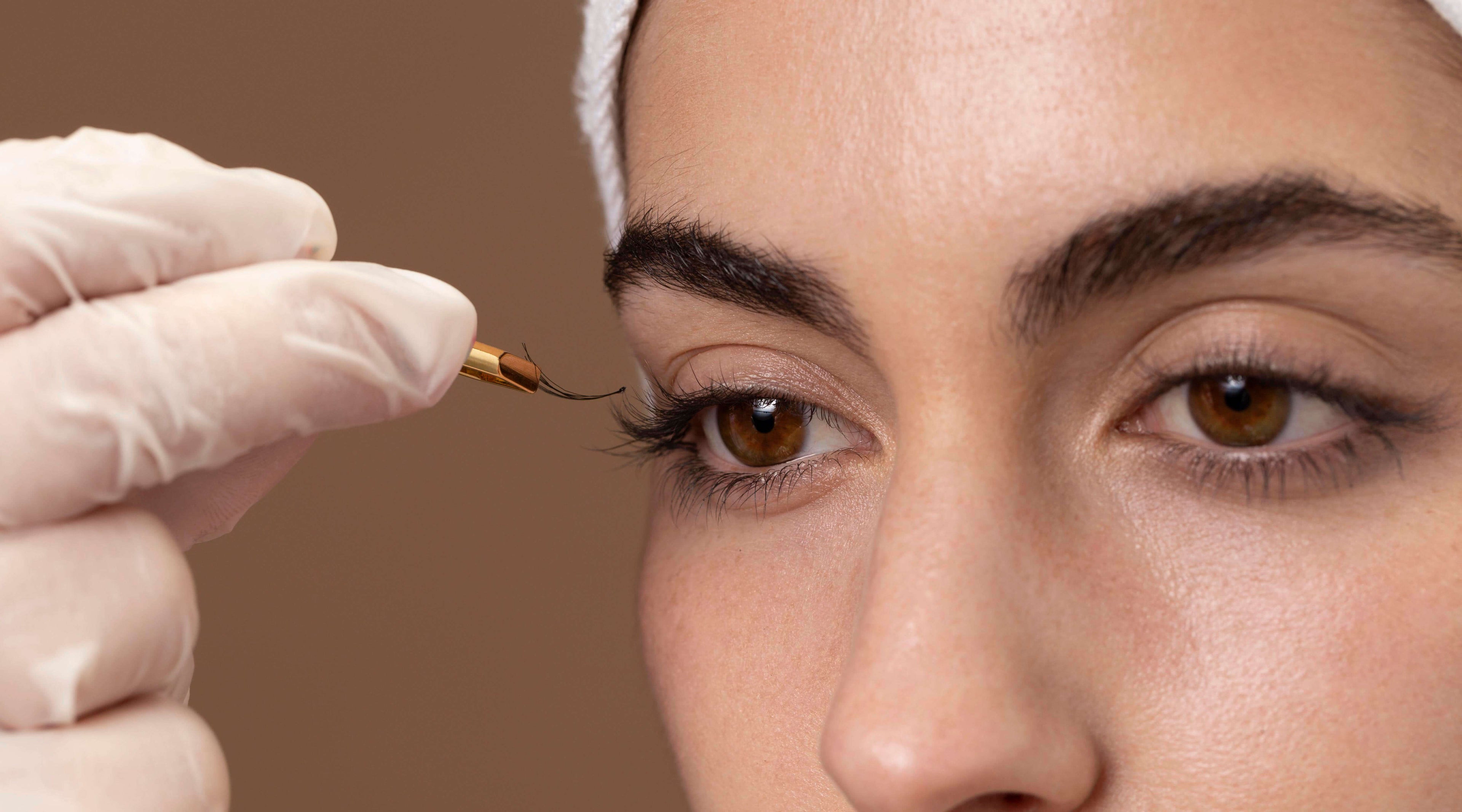 Close up of a lash extension being applied to a woman's eyelashes